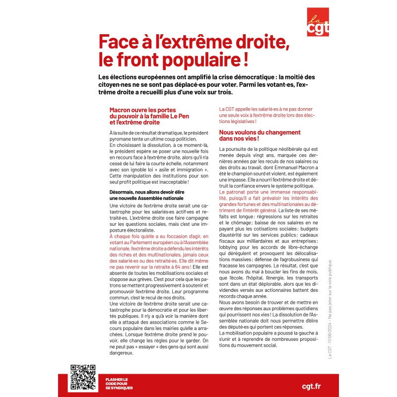 Tract A4 : Face à l’extrême droite, le front populaire